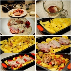 Курица, маринованная в кефире, запечённая с картофелем, с травами и чесноком